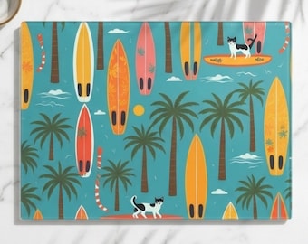Cutting Board for Beach House, Coastal Surfer Kitchen Gift with Cats