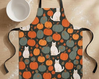 Apron with Pumpkins and Cats, Fall Cooking Apron, Thanksgiving Kitchen Decor, Harvest Season Accessory