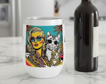 Wine Tumbler for Cat Mom: Hollywood Retro Pop Art Design