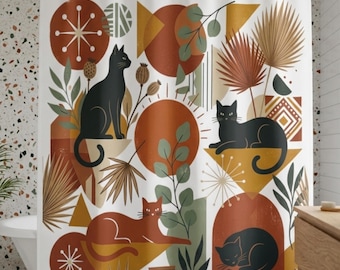 Mid Century Modern Black Cat Shower Curtain, Terracotta Boho Bathroom
