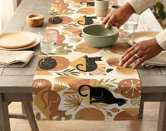 Boho Table Runner with Black Cats, Mid Century Modern Table Decor