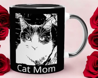 Cat Mom Mug, Gift for Cat Mom, Gift for Cat Lover, Black and White Coffee Mug, 11 oz Coffee Mug, Funny Mug Gift