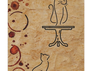 May include: A beige, textured surface with a whimsical design featuring black line art of cats and a small table. Brown coffee stains and rings add a decorative touch to the background.