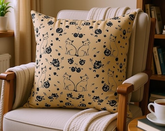 French Country Pillow with Floral Cat Design, Neutral Cottagecore Cozy Cushion