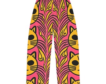 Pajama Pants Hot Pink for Women with Cute Cat Design - Cat Lover Pat - Bold Graphic Pant - Large Cat Graphic Pant Plus Size Available