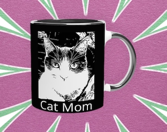 Cat Mom Coffee Mug: Black and White Ceramic Mug With Catitude