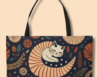 Boho Celestial Cat Tote Bag, Whimsical Moonlit Feline Shoulder Bag