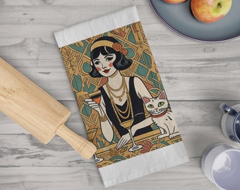 Retro Tea Towel Art Deco Tea Towel That Makes You Meow Cat Lover Gift Kitchen Tea Towel Vintage Cotton Funny Dish Towel With 1920s Flapper