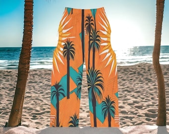 Resort Wear for Women Palm Tree Pajama Pant, Hawaiian Fabric Pant for Women Available in Plus Size, Orange Pant, Tropical Design