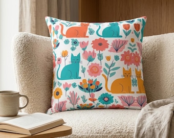 Floral Cat Throw Pillow, Whimsical Cottagecore Cushion, Gift for Cat Mom