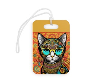 Boho Hippie Kitty Luggage Tag, Travel Gift for the Cat Lover, Custom Luggage Tags, Gift for Her, Gift for Him, Wedding Gift, Valentine Gift