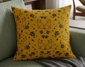 Floral Couch Pillow with Vintage Cat Toile Design and Old World Charm