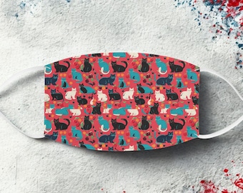 Cat Print Face Mask, Adjustable Earloops, Mid-Century Modern Multicolor Whimsical Design