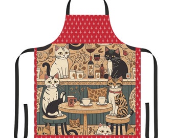 Coffee Cats Apron, Gift for Chef, Gift for Cook, Gift for Cat Lover, Parisian Cat Vintage Style Apron, Red and Beige Apron