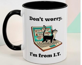 Funny Cat IT Mug Tech Support Gift, WFH Coffee Cup for Coworker