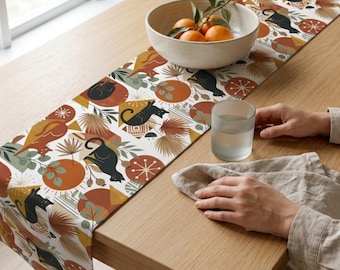 Boho Black Cat Table Runner, Mid Century Modern Decor, Cat Mom Gift