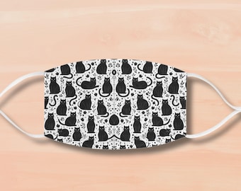 Black Cat Print Face Mask, Cottagecore Kitty Covering, Reusable Gift