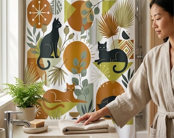 Black Cat Shower Curtain, Sage Green Boho Bathroom Decor