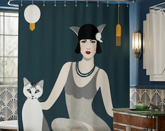 Art Deco Shower Curtain: Gatsby Flapper & Cat, 1920s Bathroom Decor