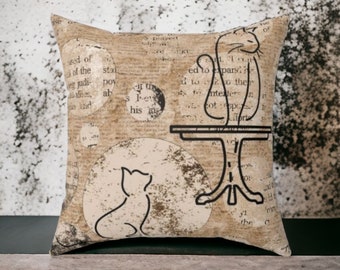 Square Cat Pillow Faux Suede Parisian Cafe Design Vintage Inspired