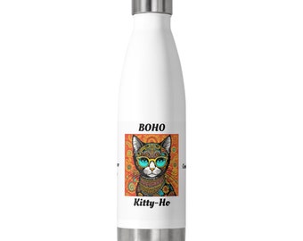 White Metal Water Bottle, Bohemian Kitty, Cat Water Bottle, Boho Cat Lover Gift, Insulated Water Bottle