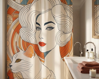 Retro Shower Curtain: Art Deco Woman and Cat Design