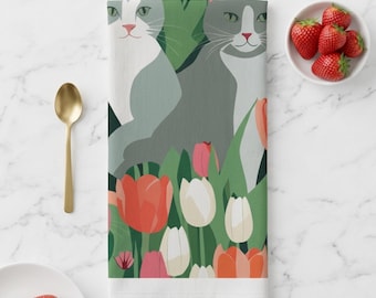 Tulip & Cat Print Tea Towel: Spring Kitchen Decor