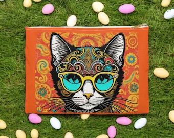 Boho Cat Cosmetic Bag: Yellow & Orange Hippie Makeup Pouch
