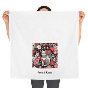 Pink Kitchen Towel Cat Themed Gift for Cat Lover Heart Themed Tea Towel, Housewarming Gift, Galentine's Gift