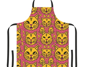 Cat Lover's Pink and Yellow Apron, Bold Graphic Print, Gift for the Home Cook, Gift for the Chef, Funny Gift for the Cook