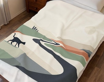 Minimalist Throw Blanket with Black Cat Design, Scandinavian Home Accent, Japandi Decor