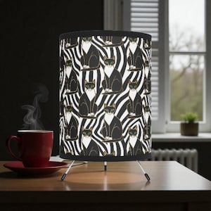 Art Deco Cat Lamp with Zebra Print: Table Lighting for Cat Lovers