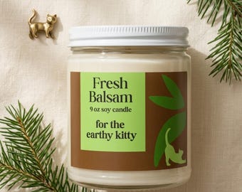 Fresh Balsam Soy Candle, Evergreen Scent, Cat Lover Gift, Cozy Home Fragrance