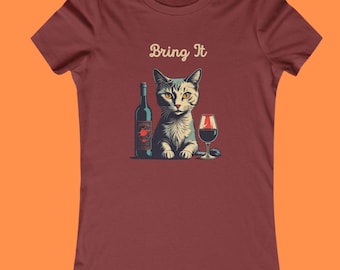 Cat & Wine Graphic Tee: "Bring It" Cat Lover Gift