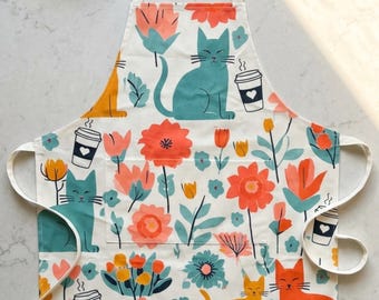 Cotton Cat Apron with Deep Pockets for Cooking, Baking and Gardening