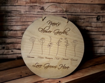 Segno di fiore di nascita in legno, arredamento floreale del mese di nascita, regalo personalizzato per la mamma, segno di fiore della nonna, segno di legno per la mamma, regalo gardner personalizzato
