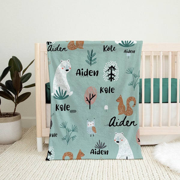 Aiden forest animals bears owl squirrels personalized baby blanket birthday gift/baby shower/baptism/christening/hospital present/lovie