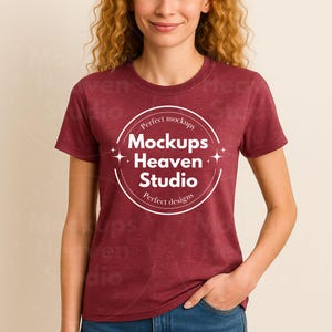 Gildan 64000 Heather Cardinal Red T-Shirt Mockup | G640 Heather Cardinal Red Women&#39;s T-Shirt Mockup | Minimalist Unisex Tee Mockup