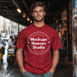 Mockup rood comfortkleuren T-shirt | Stedelijk, heren (digitale download)