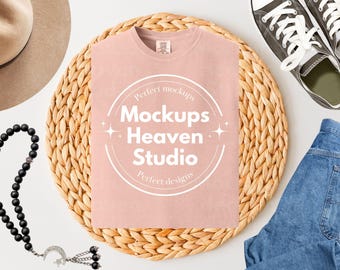 Peachy Comfort Colors 1717 T-Shirt Mockup | Boho Flat Lay (Digital Download)