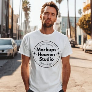 Gildan 5000 White T-Shirt Mockup | Oversized White Tee Mockup | Urban Streetwear Style | Men&#39;s Male Tshirt Mockup | Gildan 5000 Model Mockup
