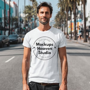 Gildan 5000 White T-Shirt Mockup | Oversized White Tee Mockup | Urban Streetwear Style | Men&#39;s Male Tshirt Mockup | Gildan 5000 Model Mockup