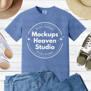 Comfort Colors 1717 Periwinkle T-Shirt Mockup | Flat Lay Folded T-Shirt Mockup | Boho Minimalist Unisex Tee Mockup | Digital Download JPG