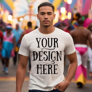 May include: A white t-shirt with the text "YOUR DESIGN HERE" printed in black.