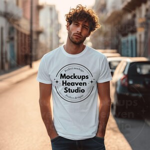 Gildan 5000 White T-Shirt Mockup | Oversized White Tee Mockup | Urban Streetwear Style | Men&#39;s Male Tshirt Mockup | Gildan 5000 Model Mockup