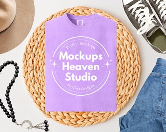Comfort Colors 1717 Neon Violet T-Shirt Mockup | Boho Flat Lay (Digital Download)