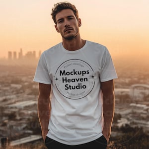 Gildan 5000 White T-Shirt Mockup | Oversized White Tee Mockup | Urban Streetwear Style | Men&#39;s Male Tshirt Mockup | Gildan 5000 Model Mockup