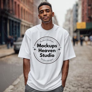 Gildan 5000 White T-Shirt Mockup | Oversized White Tee Mockup | Urban Streetwear Style | Men&#39;s Male Tshirt Mockup | Gildan 5000 Model Mockup