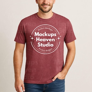 Gildan 64000 Heather Cardinal Red T-Shirt Mockup | G640 Heather Cardinal Red Men&#39;s TShirt Mockup | Minimalist Unisex Tee Mockup | Male Model