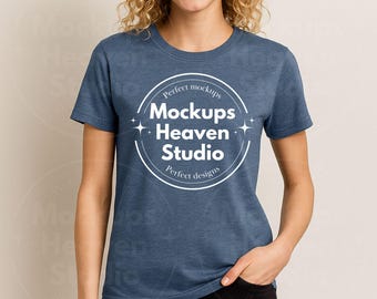 Maqueta de camiseta Gildan 64000 azul índigo jaspeado / Camiseta unisex (descarga digital)